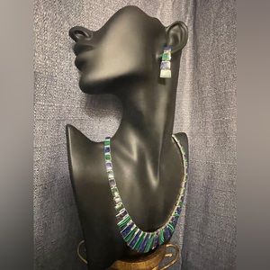 Vintage Sterling Silver 980, Malachite, & Lapis Lazuli Necklace And Earrings